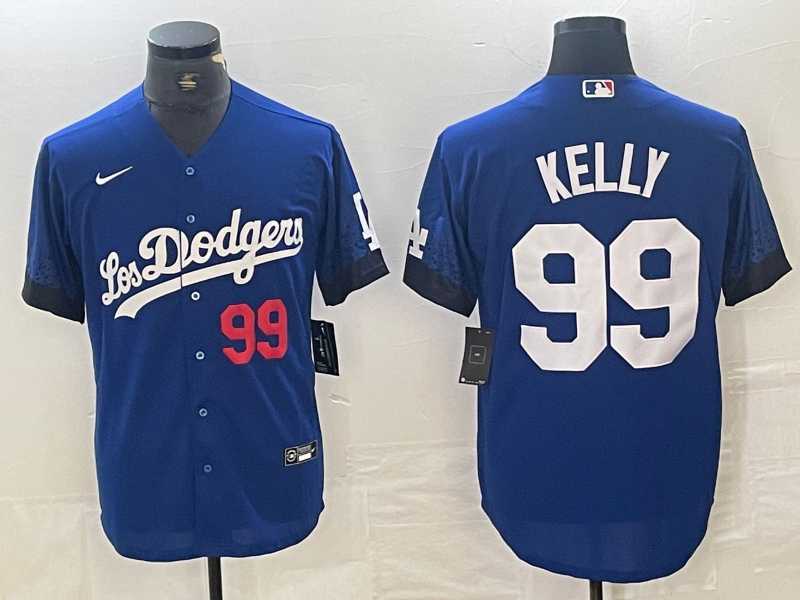 Mens Los Angeles Dodgers #99 Joe Kelly Number Blue 2021 City Connect Cool Base Stitched Jersey